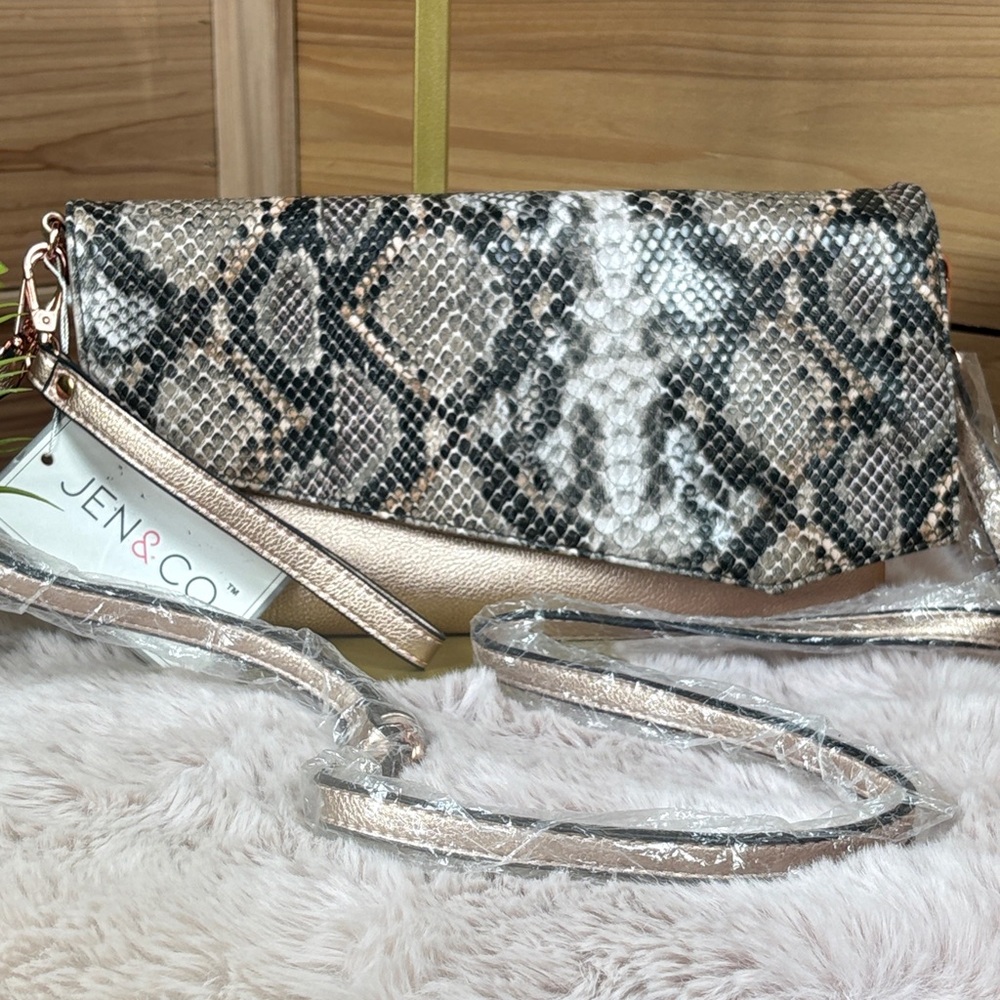 Jen & Co. Metallic Snake Print Foldover Clutch | Vegan Leather Handbag NWT